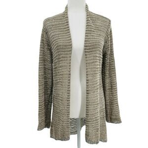EILEEN FISHER Women Knit Open Front Jacket Sz M Grey Tan Open Knit Linen/Cotton